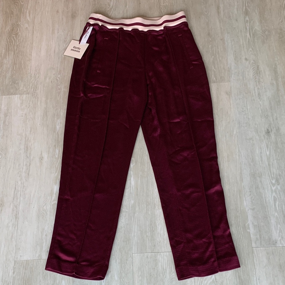 NWT, Aritzia Little Moon Burgundy Pants w/ Striped Cream Waistband. Large